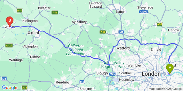 Map: London City Airport (LCY) to Witney