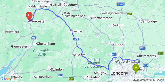Map: London City Airport (LCY) to Worcester