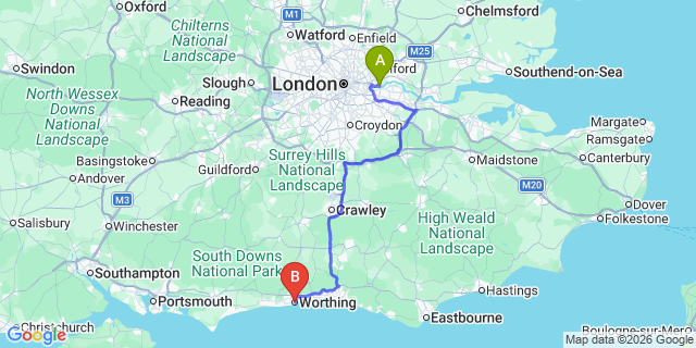Map: London City Airport (LCY) to Worthing