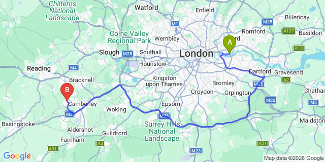 Map: London City Airport (LCY) to Yateley