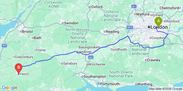 Map: London City Airport (LCY) to Yeovil