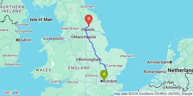 Map: London City Airport (LCY) to York