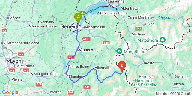 Map: Tignes to Geneva Airport (GVA)