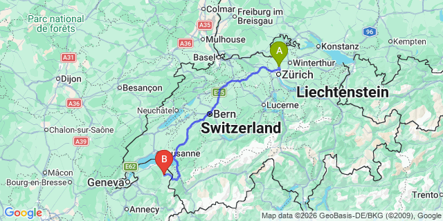 Map: Zurich Airport (ZRH) to Abondance