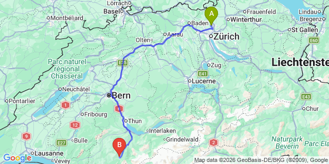 Map: Zurich Airport (ZRH) to Adelboden
