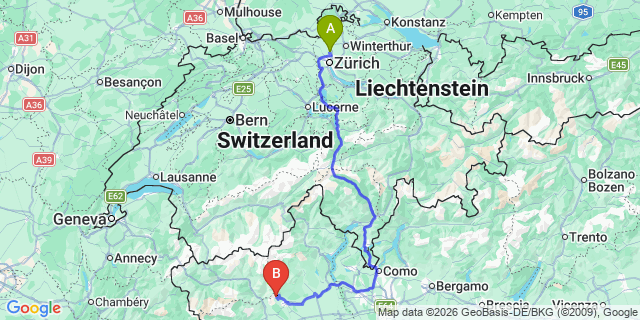 Map: Zurich Airport (ZRH) to Alagna Valsesia