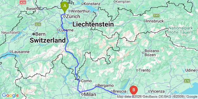 Map: Zurich Airport (ZRH) to Andalo