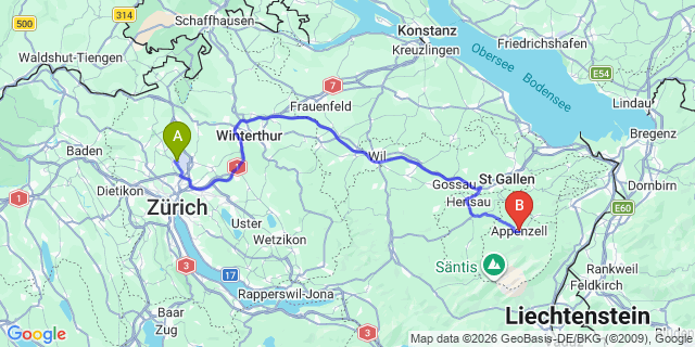 Map: Zurich Airport (ZRH) to Appenzell