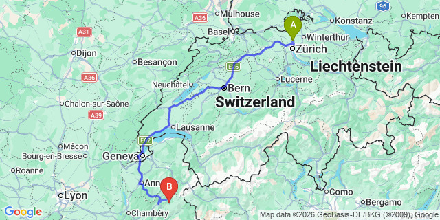 Map: Zurich Airport (ZRH) to Areches Beaufort
