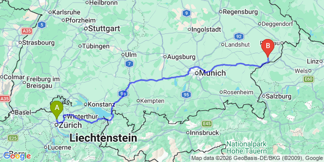 Map: Zurich Airport (ZRH) to Bad Gastein