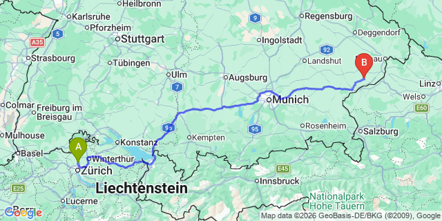 Map: Zurich Airport (ZRH) to Bad Hofgastein