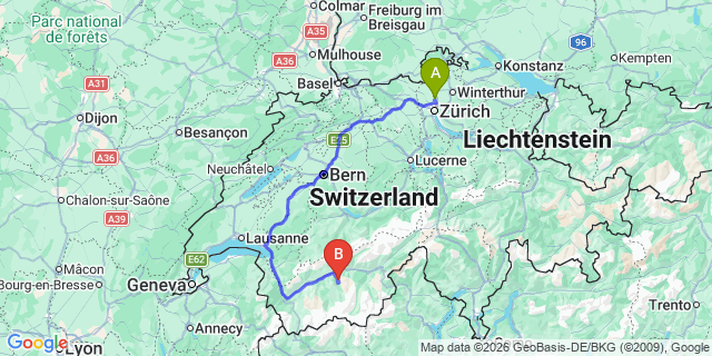 Map: Zurich Airport (ZRH) to Basel