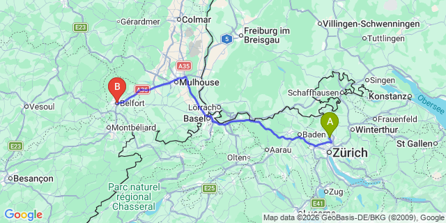 Map: Zurich Airport (ZRH) to Belfort