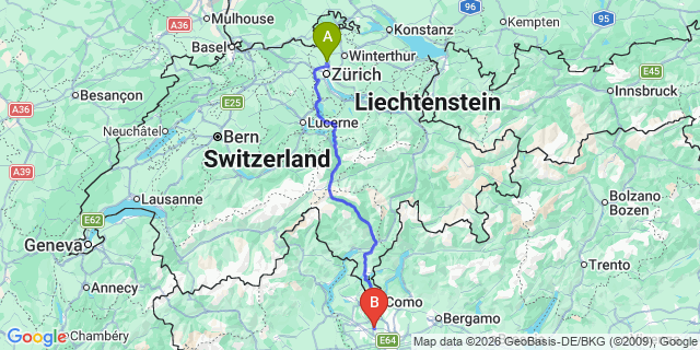 Map: Zurich Airport (ZRH) to Bellinzona