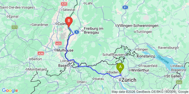 Map: Zurich Airport (ZRH) to Breisach