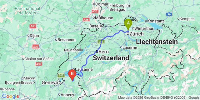 Map: Zurich Airport (ZRH) to Brides Les Bains