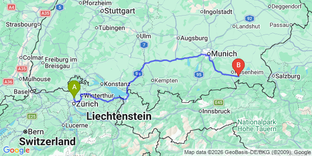 Map: Zurich Airport (ZRH) to Brixen im Thale