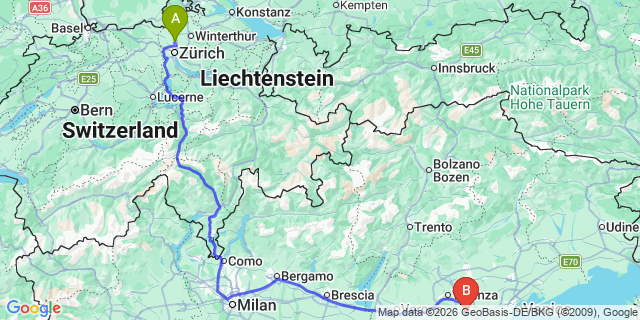 Map: Zurich Airport (ZRH) to Campitello di Fassa