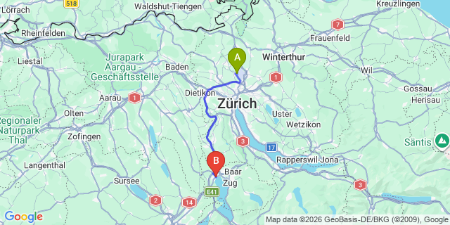 Map: Zurich Airport (ZRH) to Cham