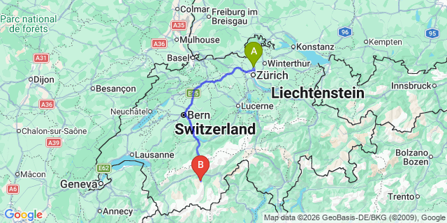 Map: Zurich Airport (ZRH) to Champoluc