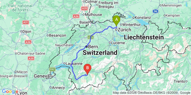 Map: Zurich Airport (ZRH) to Crans-Montana