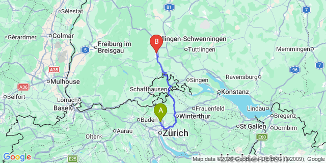 Map: Zurich Airport (ZRH) to Donaueschinge