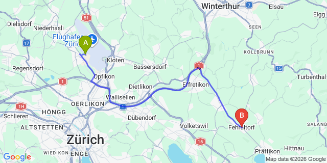 Map: Zurich Airport (ZRH) to Fehraltorf