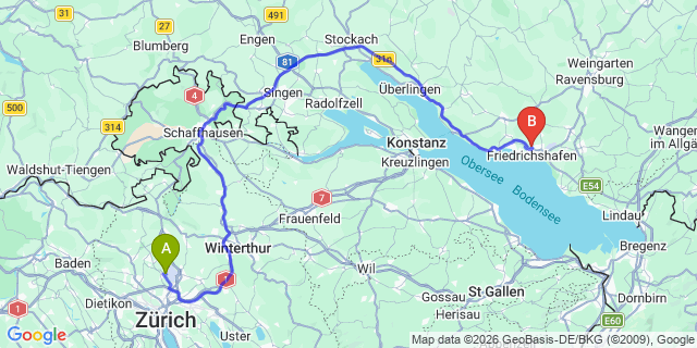 Map: Zurich Airport (ZRH) to Friedrichshafen
