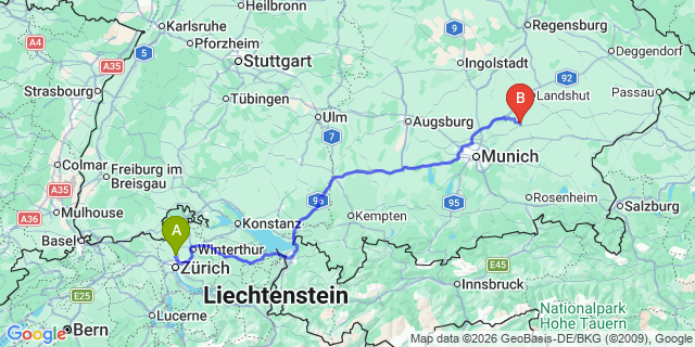 Map: Zurich Airport (ZRH) to Gerlos