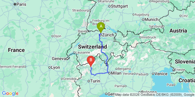 Map: Zurich Airport (ZRH) to Gressoney
