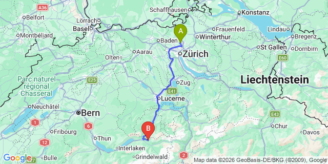 Map: Zurich Airport (ZRH) to Hasliberg