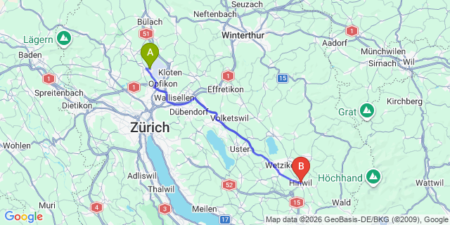 Map: Zurich Airport (ZRH) to Hinwil