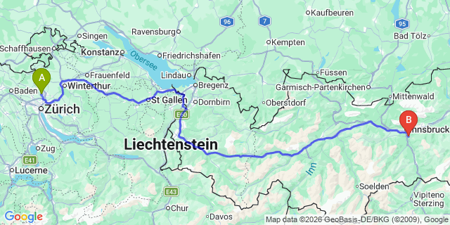 Map: Zurich Airport (ZRH) to Igls Innsbruck Galcier