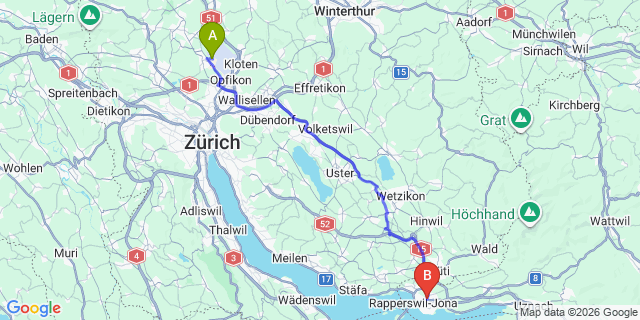 Map: Zurich Airport (ZRH) to Jona