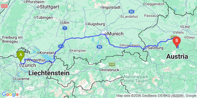 Map: Zurich Airport (ZRH) to Kirchdorf an der Krems