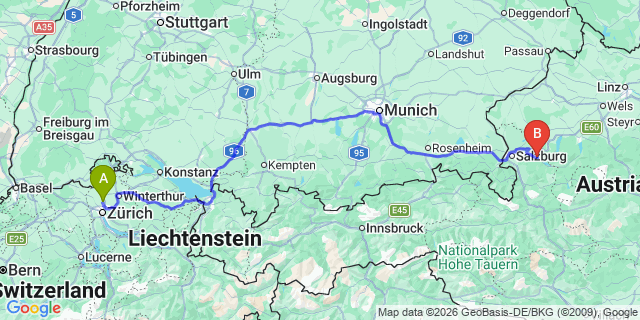Map: Zurich Airport (ZRH) to Kleinarl
