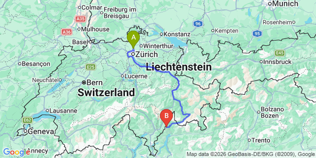 Map: Zurich Airport (ZRH) to Laax