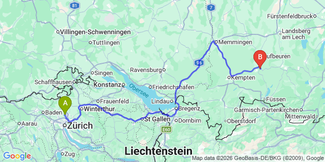 Map: Zurich Airport (ZRH) to Ladis