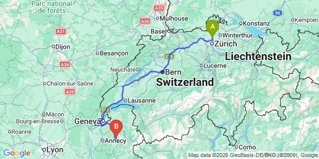 Map: Zurich Airport (ZRH) to Le Grand-Bornand