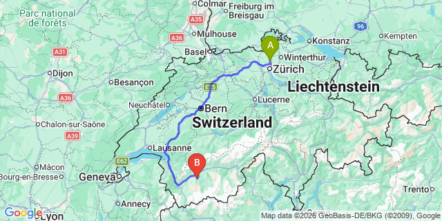 Map: Zurich Airport (ZRH) to Les Collons Vex Herens