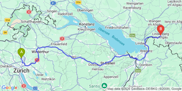 Map: Zurich Airport (ZRH) to Lindenberg