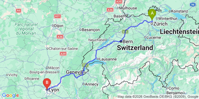 Map: Zurich Airport (ZRH) to Lyon