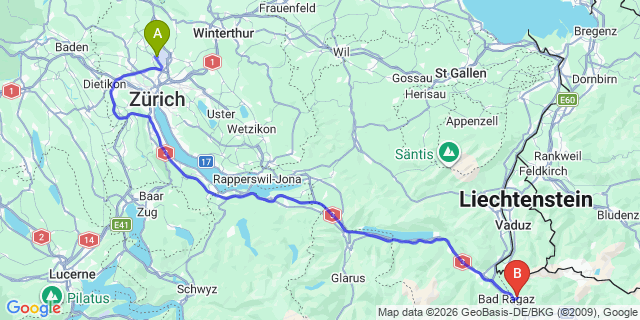 Map: Zurich Airport (ZRH) to Maienfeld