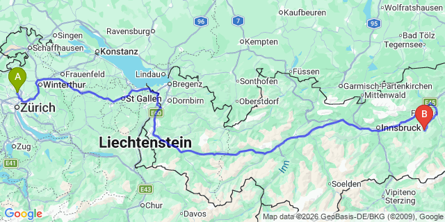 Map: Zurich Airport (ZRH) to Maurach am Achensee