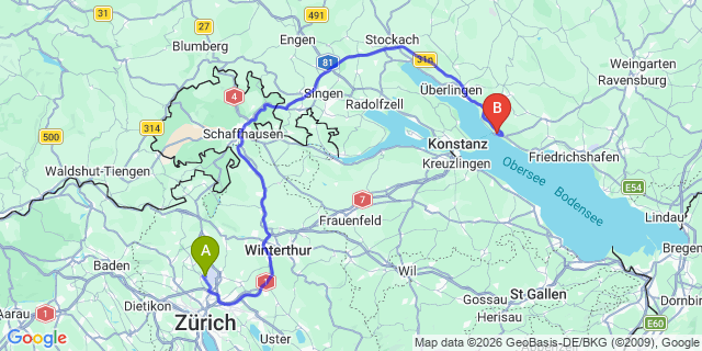 Map: Zurich Airport (ZRH) to Meersburg