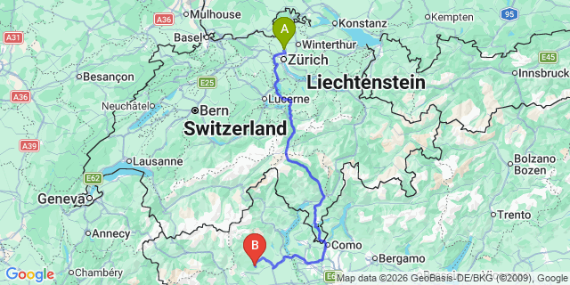 Map: Zurich Airport (ZRH) to Meiringen