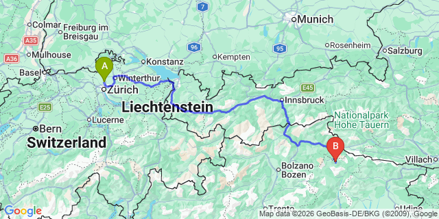 Map: Zurich Airport (ZRH) to Misurina