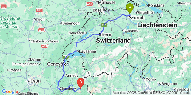 Map: Zurich Airport (ZRH) to Montchavin