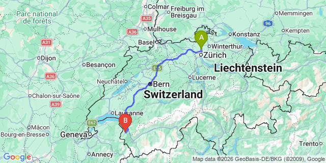 Map: Zurich Airport (ZRH) to Montreux