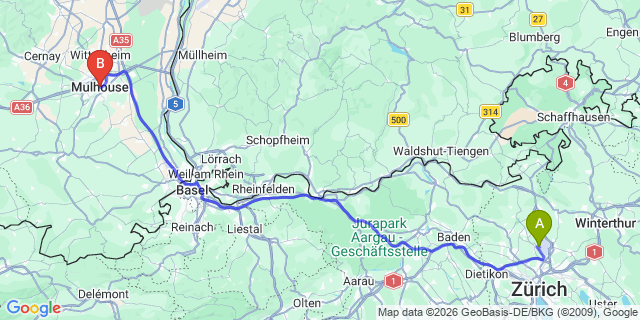 Map: Zurich Airport (ZRH) to Mulhouse